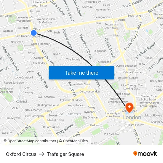 Oxford Circus to Trafalgar Square map