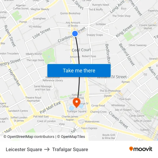 Leicester Square to Trafalgar Square map