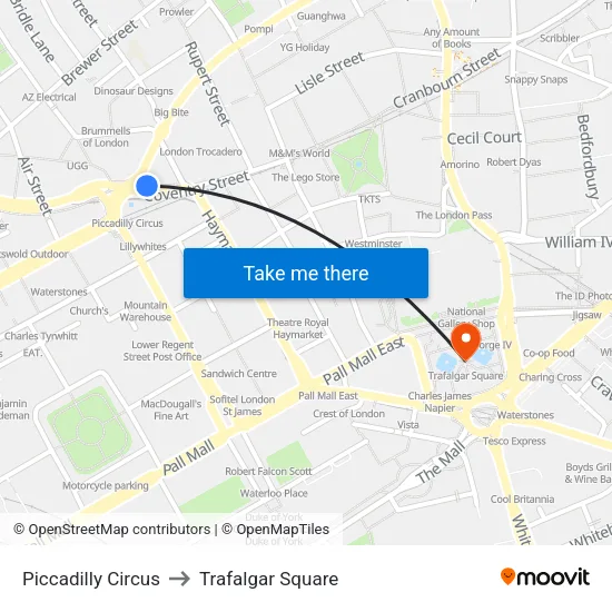 Piccadilly Circus to Trafalgar Square map