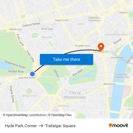 Hyde Park Corner to Trafalgar Square map