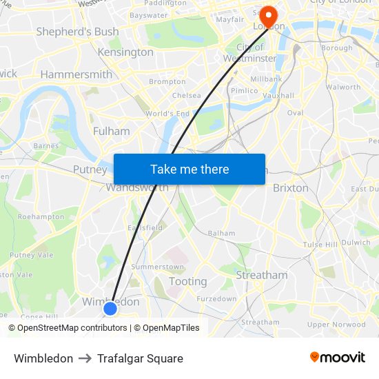 Wimbledon to Trafalgar Square map