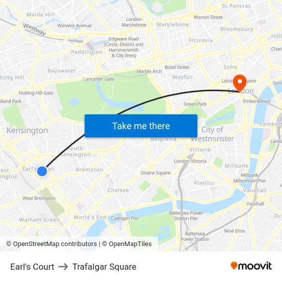 Earl's Court to Trafalgar Square map