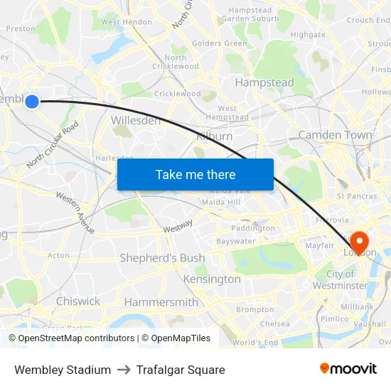 Wembley Stadium to Trafalgar Square map