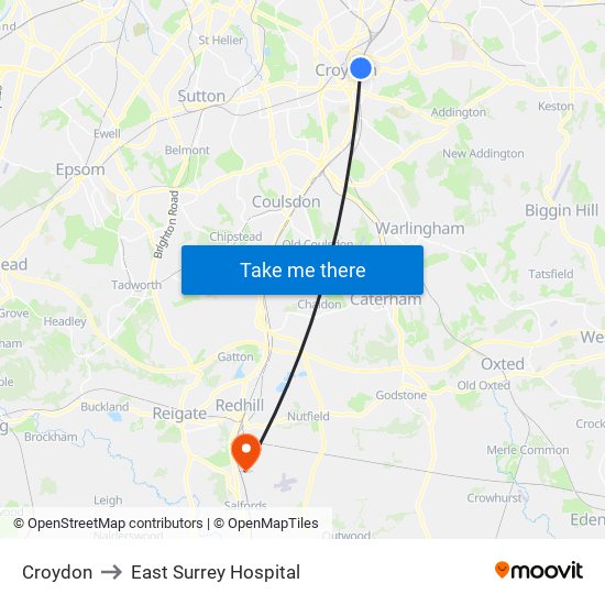 Croydon to East Surrey Hospital map