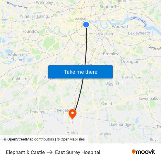 Elephant & Castle to East Surrey Hospital map