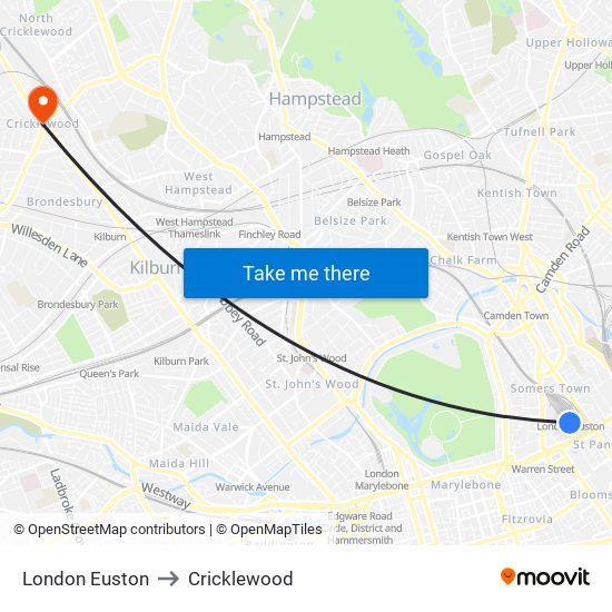 London Euston to Cricklewood map