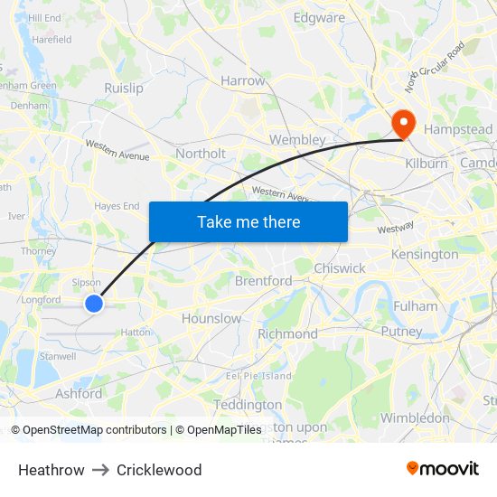 Heathrow to Cricklewood map