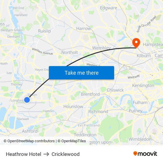 Heathrow Hotel to Cricklewood map