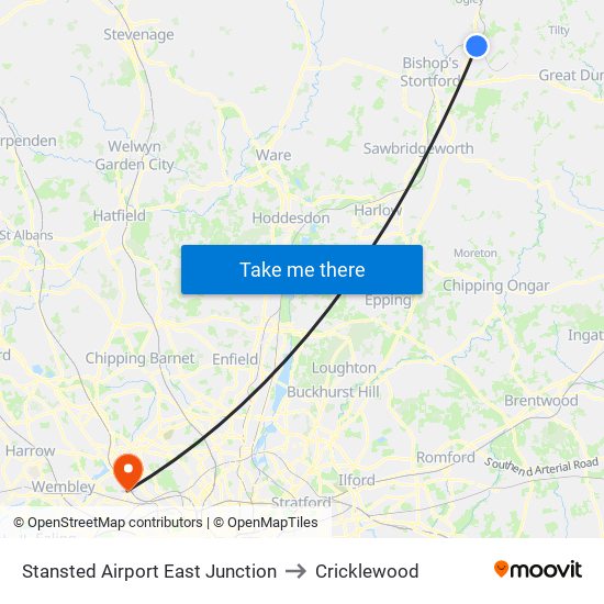 Stansted Airport East Junction to Cricklewood map