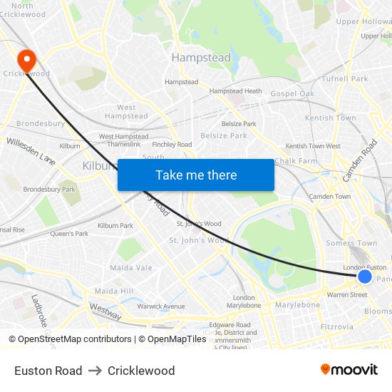 Euston Road to Cricklewood map