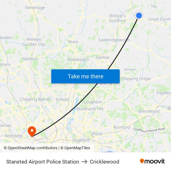 Stansted Airport Police Station to Cricklewood map