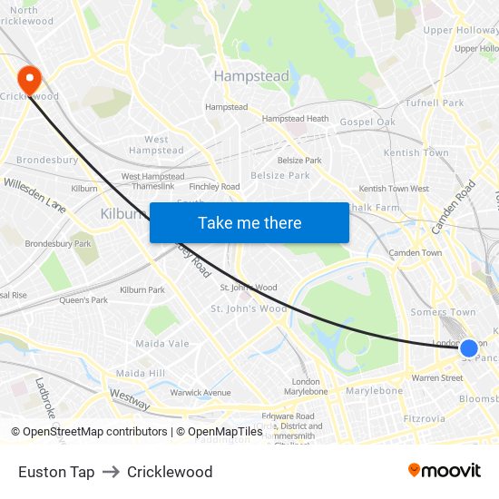 Euston Tap to Cricklewood map