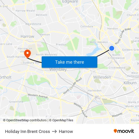 Holiday Inn Brent Cross to Harrow map