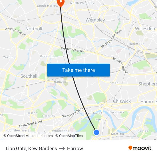 Lion Gate, Kew Gardens to Harrow map