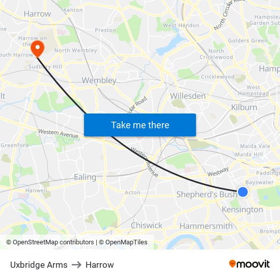 Uxbridge Arms to Harrow map