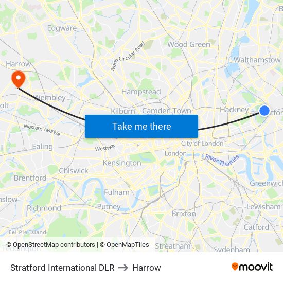 Stratford International DLR to Harrow map