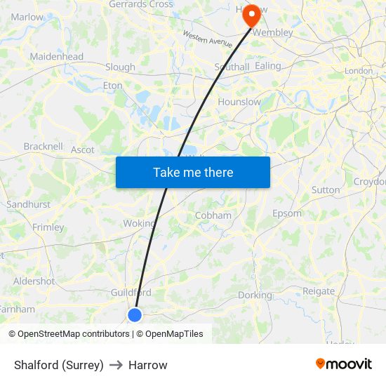 Shalford (Surrey) to Harrow map
