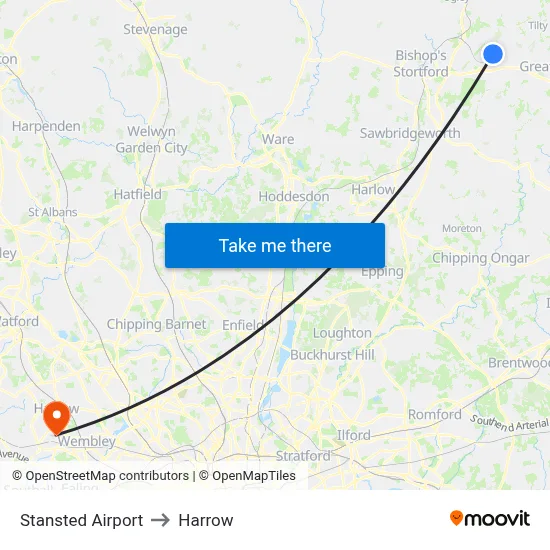 Stansted Airport to Harrow map