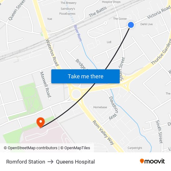 Romford Station to Queens Hospital map