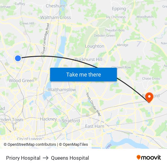 Priory Hospital to Queens Hospital map