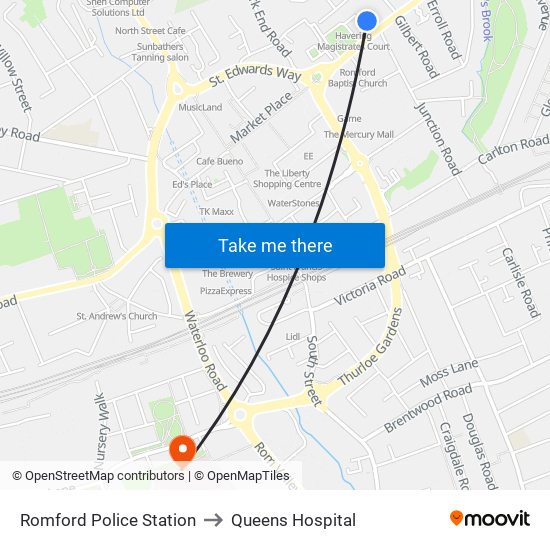 Romford Police Station to Queens Hospital map