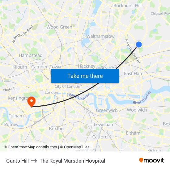 Gants Hill to The Royal Marsden Hospital map