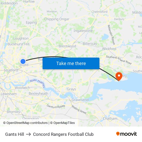 Gants Hill to Concord Rangers Football Club map
