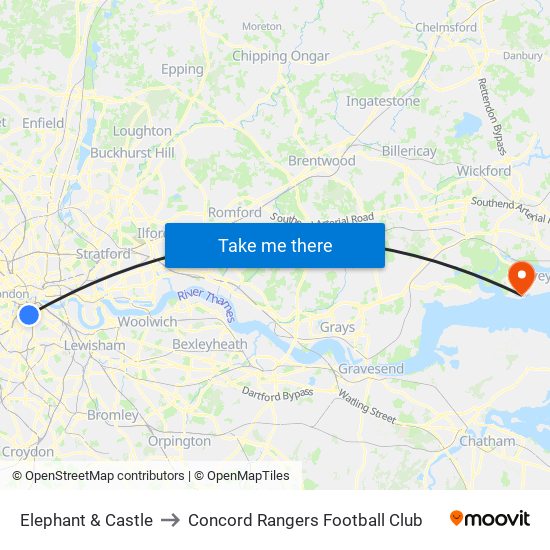 Elephant & Castle to Concord Rangers Football Club map