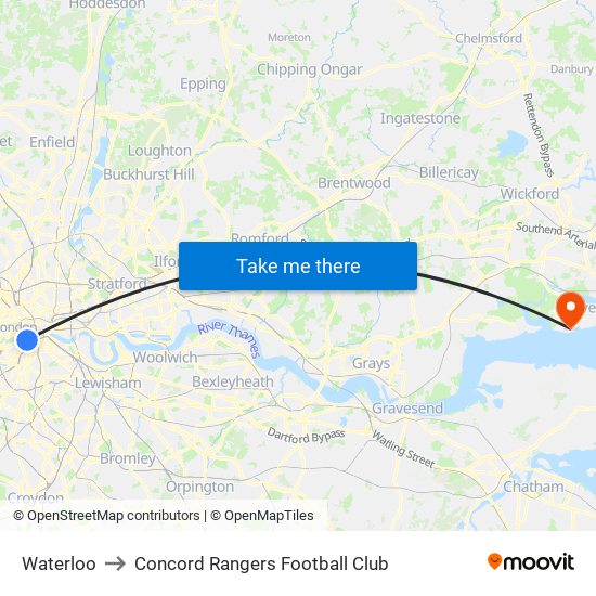 Waterloo to Concord Rangers Football Club map