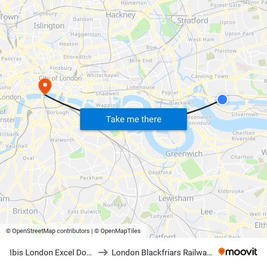 Ibis London Excel Docklands to London Blackfriars Railway Station map