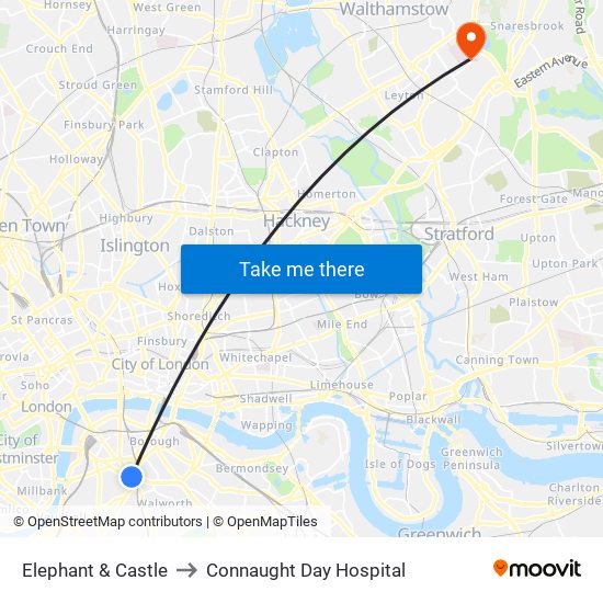 Elephant & Castle to Connaught Day Hospital map