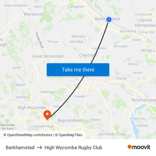 Berkhamsted to High Wycombe Rugby Club map