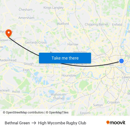 Bethnal Green to High Wycombe Rugby Club map