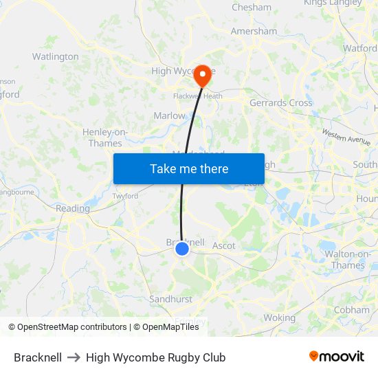 Bracknell to High Wycombe Rugby Club map