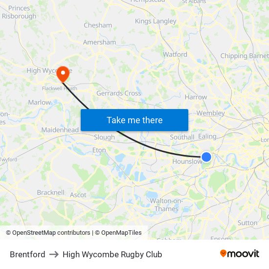 Brentford to High Wycombe Rugby Club map