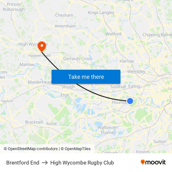 Brentford End to High Wycombe Rugby Club map