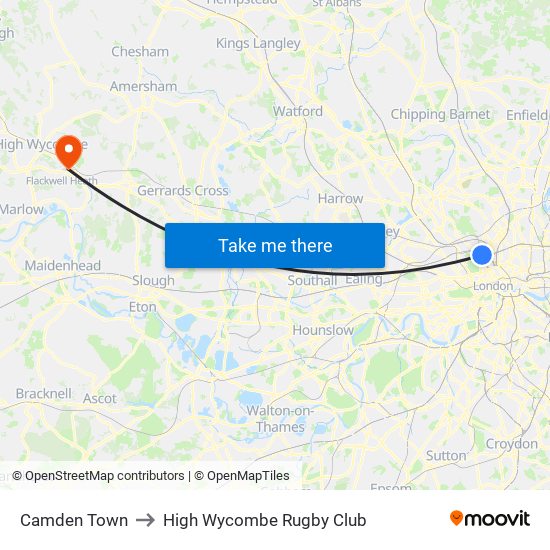 Camden Town to High Wycombe Rugby Club map