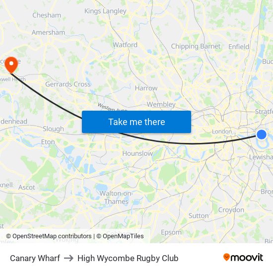 Canary Wharf to High Wycombe Rugby Club map