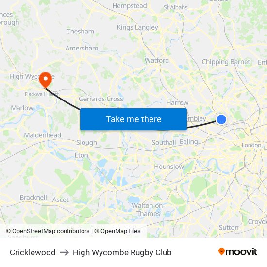 Cricklewood to High Wycombe Rugby Club map