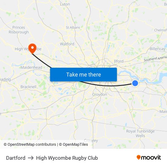 Dartford to High Wycombe Rugby Club map