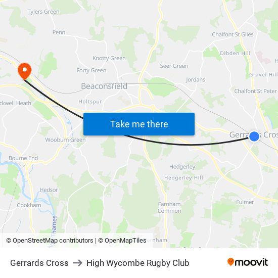 Gerrards Cross to High Wycombe Rugby Club map