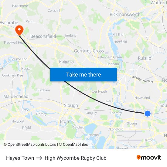 Hayes Town to High Wycombe Rugby Club map