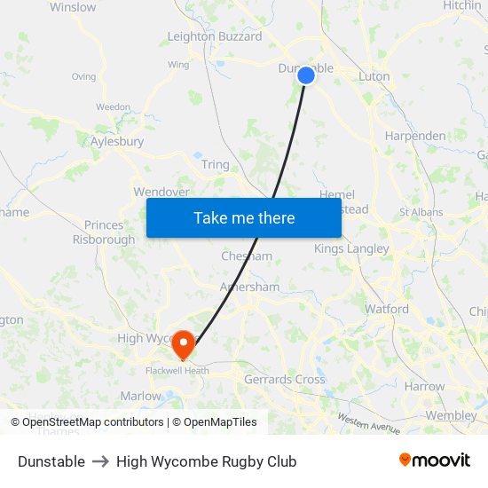 Dunstable to High Wycombe Rugby Club map