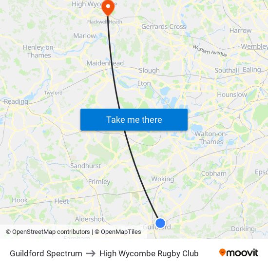 Guildford Spectrum to High Wycombe Rugby Club map