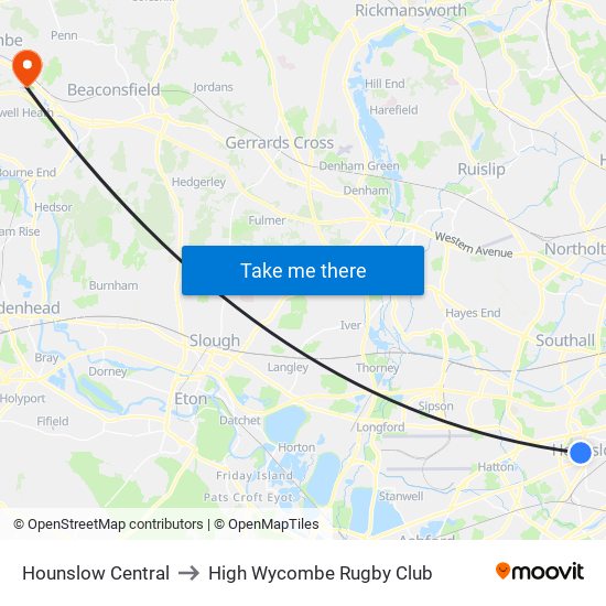 Hounslow Central to High Wycombe Rugby Club map