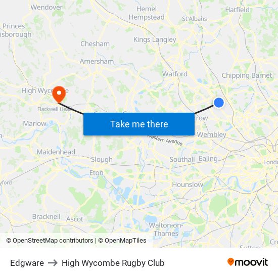 Edgware to High Wycombe Rugby Club map