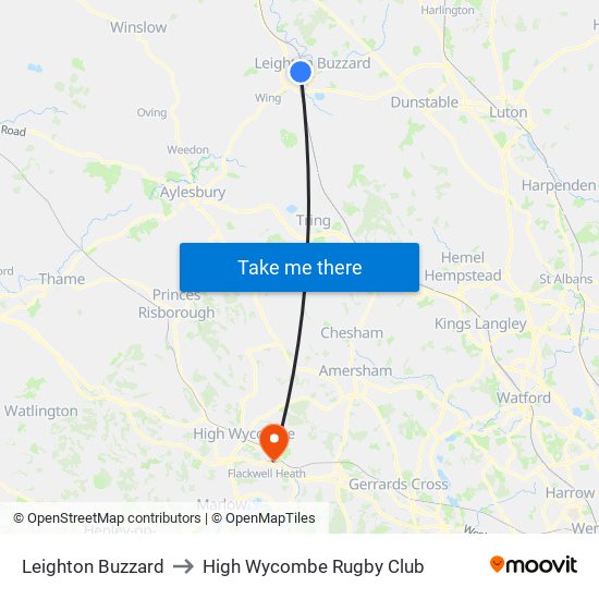 Leighton Buzzard to High Wycombe Rugby Club map