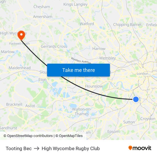 Tooting Bec to High Wycombe Rugby Club map