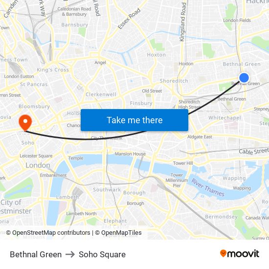 Bethnal Green to Soho Square map