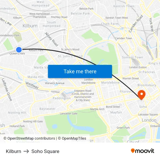 Kilburn to Soho Square map